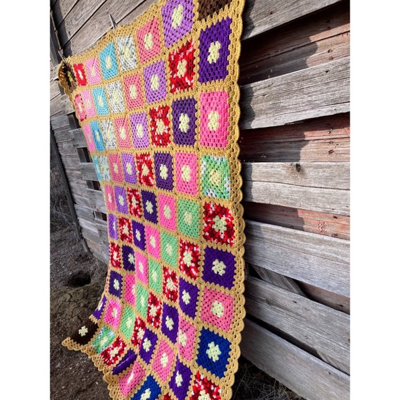 Vintage Colorful Granny Square Crochet Afghan 75x56" - Picture 10 of 16
